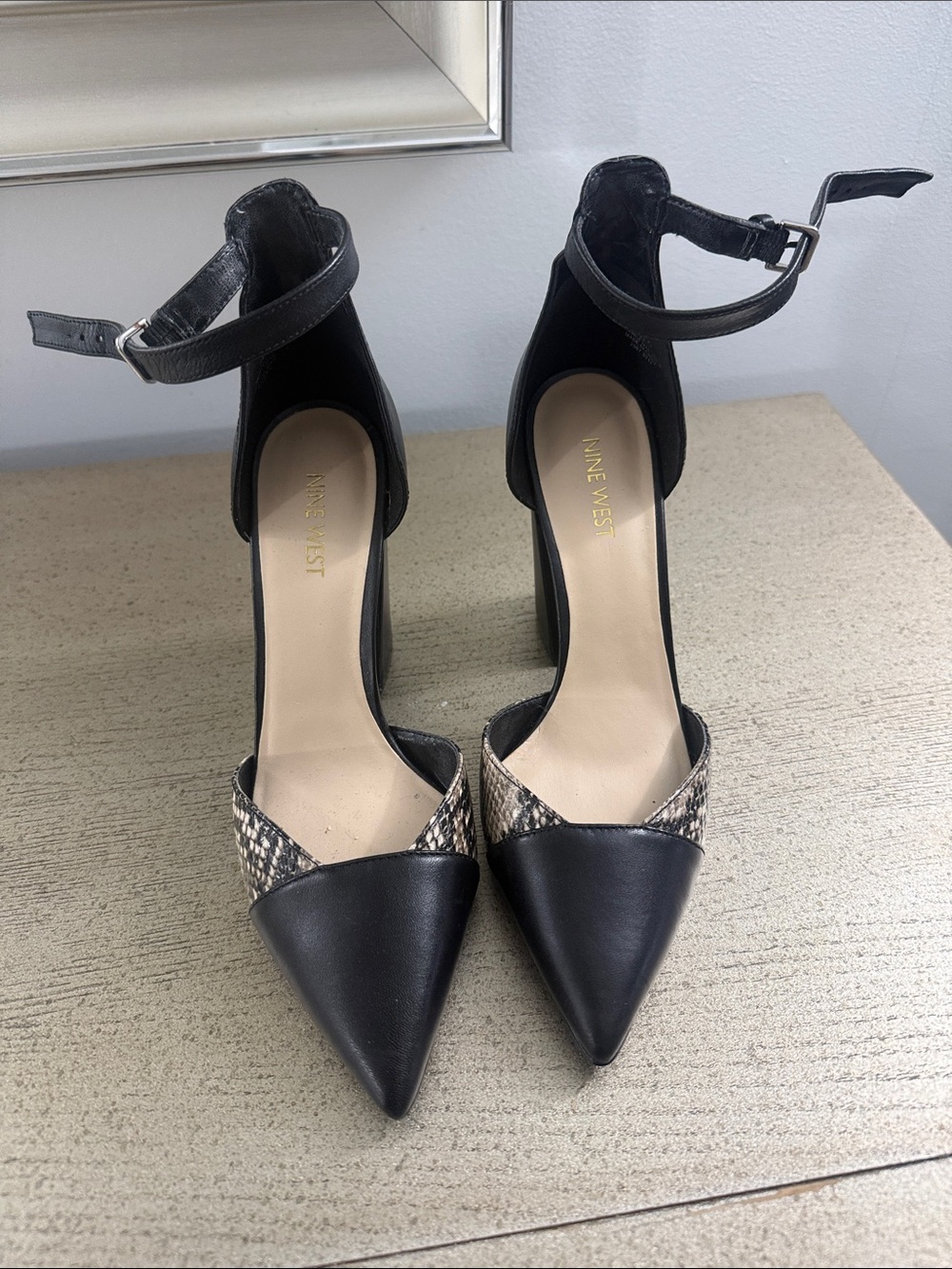Nine West Black Pointed Toe Ankle Strap Heels with Snakeskin Accent